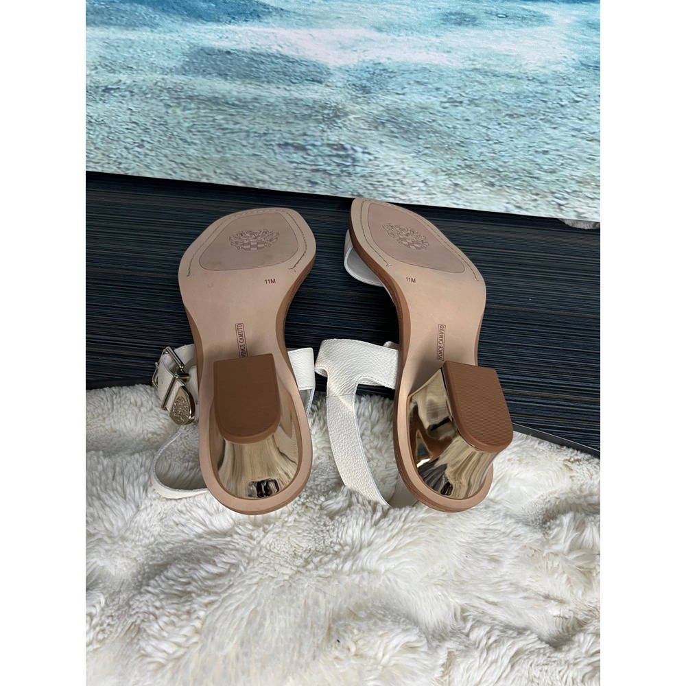👟Vince Camuto Women White Pebbled Leather Gold Block Heel Buckle Sandals Size11 - Picture 9 of 11